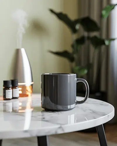 sleek-ceramic-drinking-cup-placed-on-round-marble-top-table-in-cozy-living-room-sticker-mockup