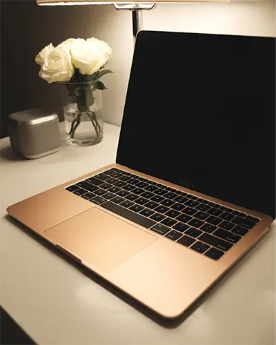 sleek-modern-portable-laptop-on-minimalist-desk-with-roses-and-speaker-decor-sticker-mockup