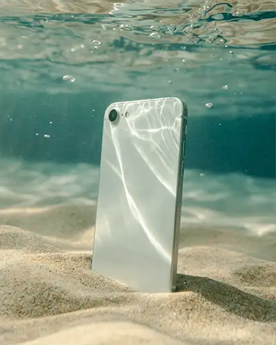 mobile-phone-placed-upright-in-sea-sand-with-bubbles-around-calm-ocean-water-stickrer-mockup