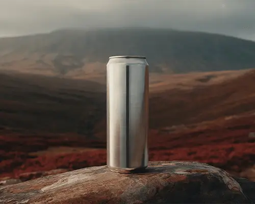 Blank Metal Can Sticker Mockup On Rock With Mountain Background For Design Presentation