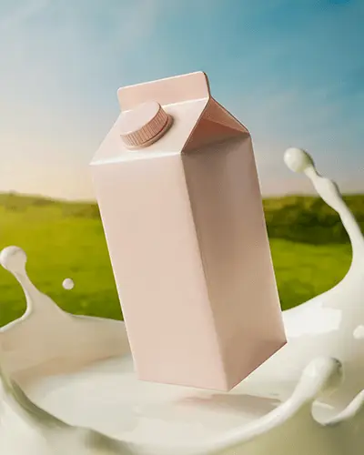 Blank Dairy Product Pack Sticker Mockup Floating Above Milk Splash In Natural Landscape