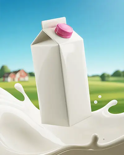 Fresh Dairy Milk Carton Sticker Mockup Floating On Creamy Milk Splash Background