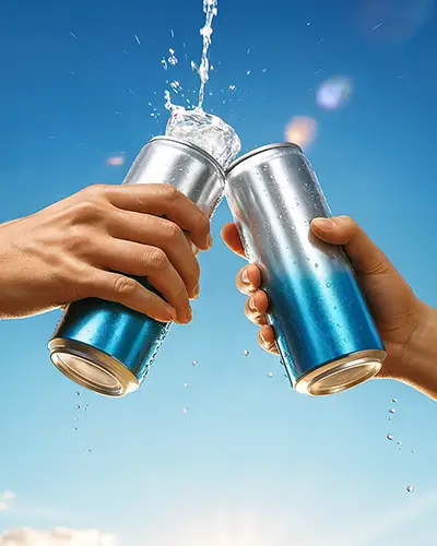 Refreshing Summer Beverage Sticker Mockup Two Hands Holding Metal Cans Under Clear Blue Sky