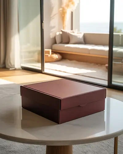 Luxury Gift Box Sticker Mockup On Maroon Packaging In Modern Sunlit Living Room Scene
