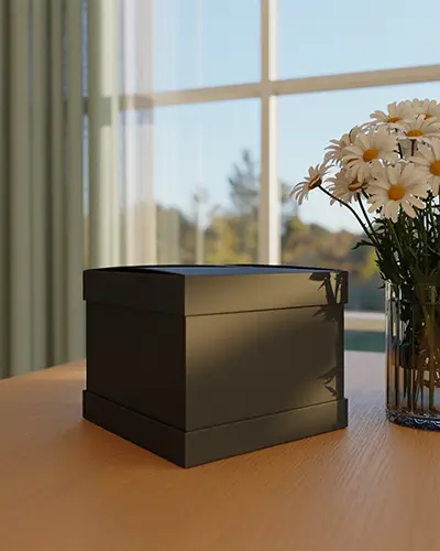 Premium Sticker Mockup Box On Wooden Table With Flower Vase Near Window Light