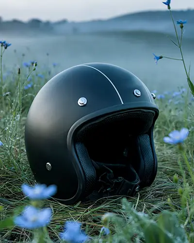 Matte Black Motorcycle Helmet Sticker Mockup In Wildflower Meadow During Morning Mist