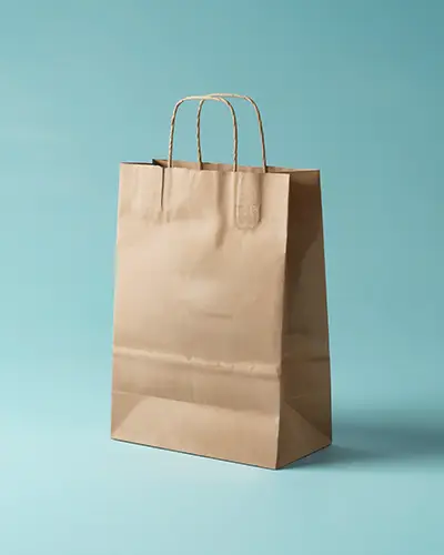 Standing Brown Paper Shopping Bag Sticker Mockup With Custom Logo Label On Light Studio Backdrop