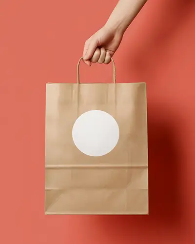 Hand Holding Paper Bag With Round Sticker Mockup On Solid Background For Branding