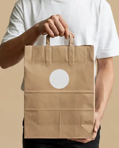 Realistic Paper Bag With Circle Sticker Mockup For Branding And Packaging Design Display