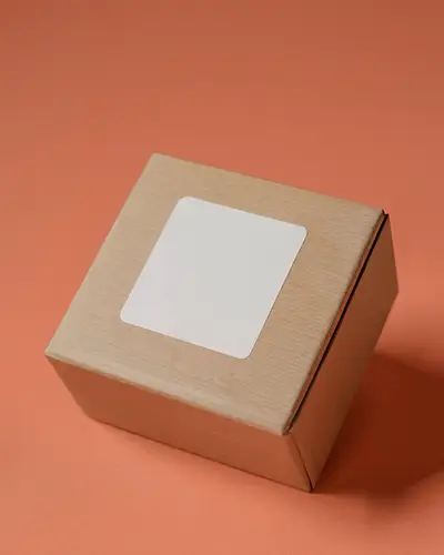 Clean Square Sticker Mockup On Plain Packaging Box For Custom Design Presentation