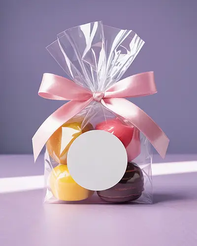 Luxury Transparent Sticker Mockup On Clear Bag With Colorful Sweets And Decorative Bow