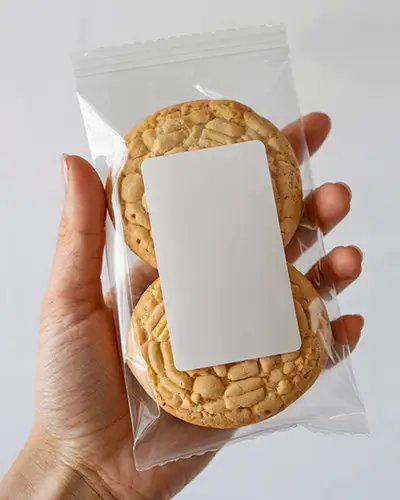Hand Holding Transparent Cookie Packaging With Blank Rectangular Sticker Mockup