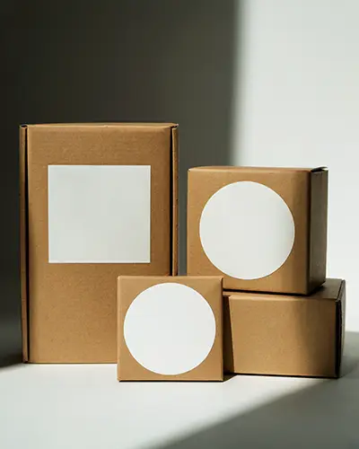 Kraft Boxes With Blank Sticker Mockups For Branding Design And Custom Labels Presentation