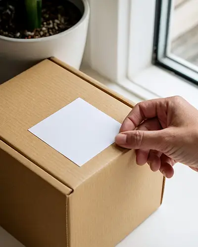 Hand Applying Square Sticker On Corrugated Cardboard Shipping Box Near Window