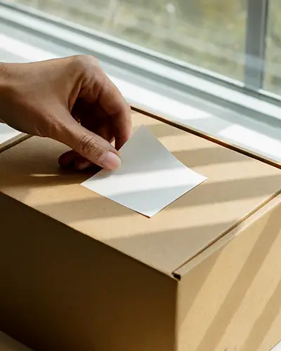 Blank Square Sticker Peeling Off Kraft Box Near Window For Custom Branding