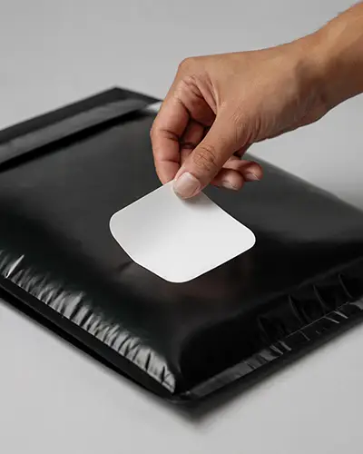 Minimalistic Square Peel Off Sticker Mockup On Protective Black Bubble Mailer Envelope