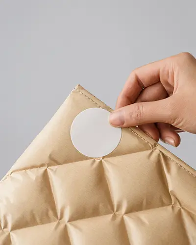 Blank Circular Sticker Label Mockup On Bubble Mailed Envelope Surface