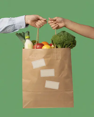 Blank Rectangular Sticker Mockups On Grocery Bag For Custom Branding Or Marketing Purposes