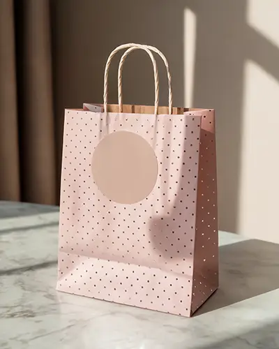 Elegant Polka Dot Shopping Bag With Round Sticker Mockup For Branding And Design