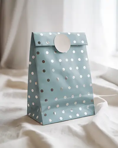 Polka Dot Paper Gift Bag With Round Seal Sticker Mockup On Soft Fabric Background
