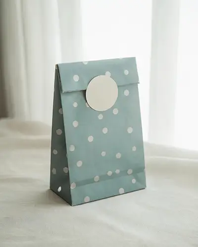 Branding Label Sticker Mockup With Round Seal On Stylish Polka Dot Gift Bag For Business