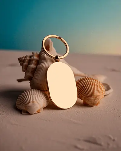 Blank Oval Sticker Mockup With Seashells On Sandy Surface For Custom Design Presentation
