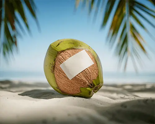 Blank Sticker Mockup On Coconut Beach Summer Vacation Tropical Paradise Palm Tree Shadows