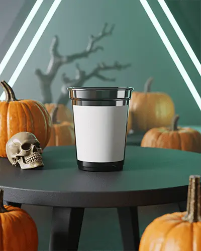 Blank Sticker Mockup On Plastic Cup Halloween Theme With Skull And Pumpkins Background