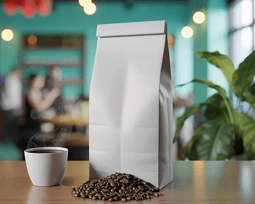 Realistic Coffee Packaging Sticker Mockup With Coffee Beans And Hot Coffee Cup