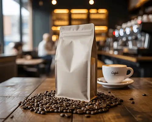 Coffee Bean Bag Sticker Mockup With Coffee Cup On Wooden Table In Cozy Cafe Setting