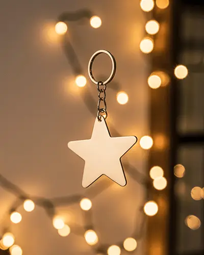 Custom Star Shaped Keychain Sticker Mockup With Soft Glowing Bokeh Lights Background