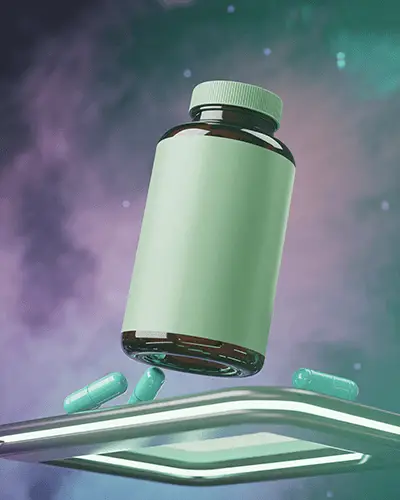 Medical Vitamin Bottle Sticker Mockup With Capsules Floating Over Futuristic Glowing Stand
