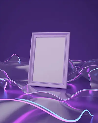 Clean Frame Sticker Mockup On Glossy Rippled Fabric With Colorful Light Strips