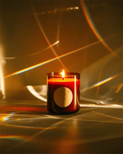 Minimalist Round Sticker Mockup On Glassy Candle With Light Reflections And Shadows