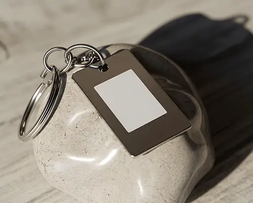 Sleek Metal Keychain Tag With Blank Sticker Mockup Perfect For Customize Accessories Design