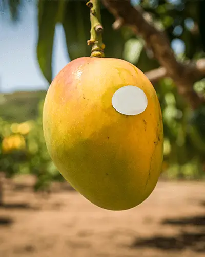 Ripe Mango Hanging On Tree With Sticker Mockup For Branding And Packaging Design Presentation
