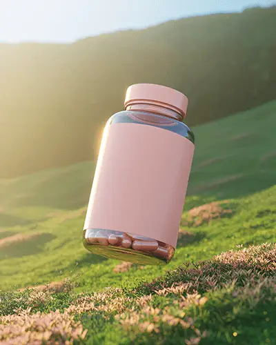 Floating Transparent Pill Bottle With Blank Sticker Label Mockup In Nature