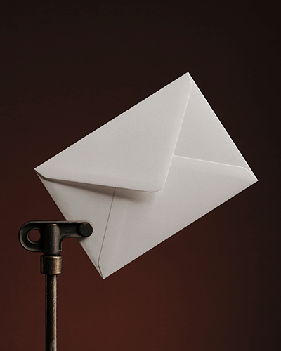 Sleek Envelope Sticker Mockup Held On Metal Stand Against Moody Red Backdrop