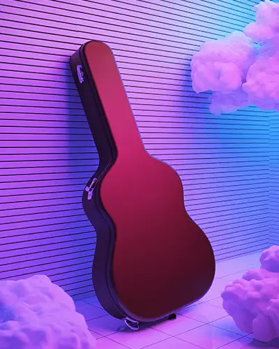 Sticker Mockups Modern Guitar Case Standing In Vibrant Purple Studio With Soft Cloud Elements