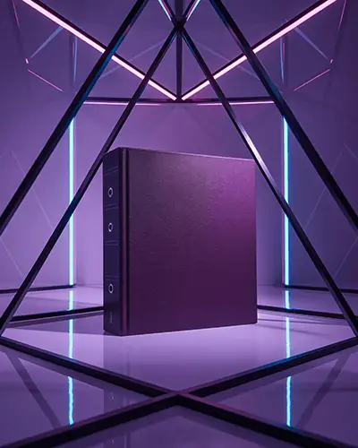 Sticker Mockups Minimal Book Or Binder Standing In Neon Geometric Frame With Reflective Floor