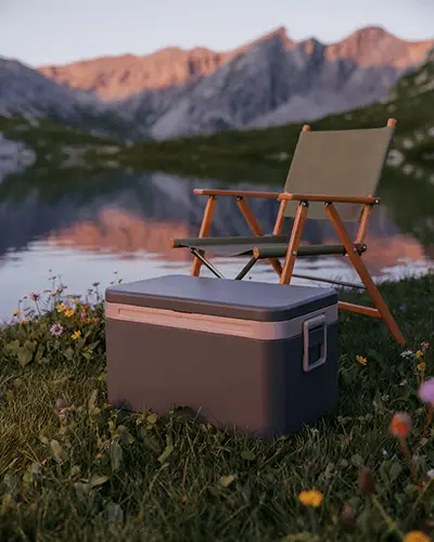 Sticker Mockups Outdoor Camping Cooler And Folding Chair By Mountain Lake At Golden Hour