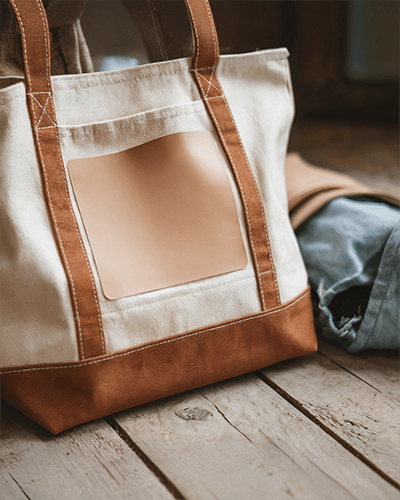 Vintage Inspired Tote Bag Sticker Mockup Neutral Toned Bag On Weathered Wood