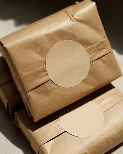 Kraft Package Sticker Mockup Round Label On Stacked Paper Wrap Warm Natural Light