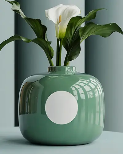 Ceramic Vase Sticker Mockup Round Label On Glossy Green Vase With Floral Arrangement Modern Interior
