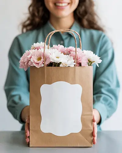 Gift Bag Sticker Mockup White Label On Kraft Paper Bag Held By Person Floral Arrangement