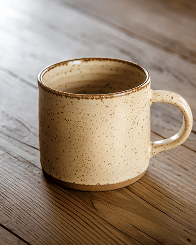 Handmade Speckled Mug Sticker Mockup Cozy Earthy Toned Ceramic Cup On Textured Wood Surface