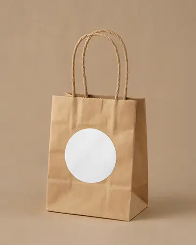 Eco Packaging Sticker Mockup Round Label On Kraft Paper Bag Neutral Tones