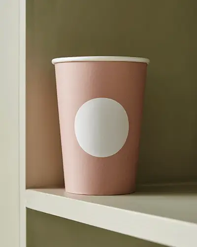 Paper Cup Sticker Mockup Round Label On Pink Disposable Cup Minimal Shelf Setting