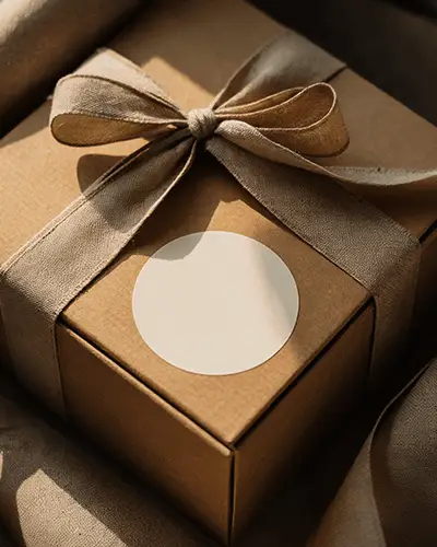 Gift Box Sticker Mockup Round Label On Kraft Box With Fabric Ribbon Warm Natural Light