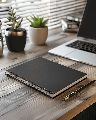 Spiral Notebook Sticker Mockup Black Textured Cover On Natural Wood Desk With Green Plants And Laptop